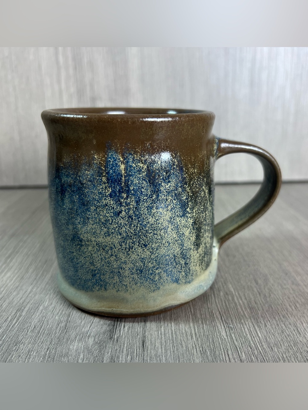Artisan Pottery Mug hand thrown/built‎ Signed brown blue glaze Boho